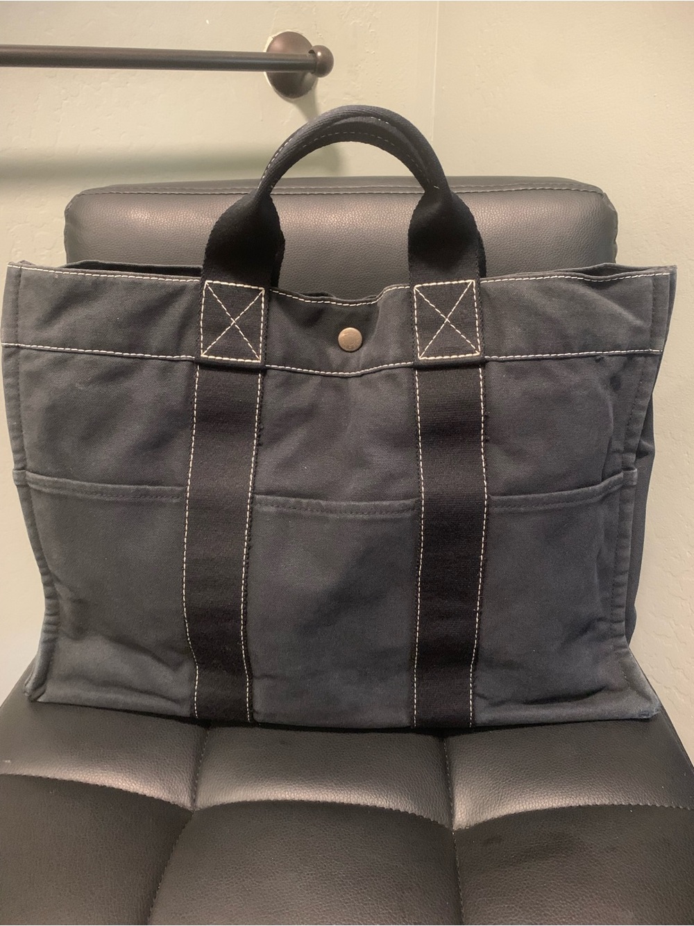 Authentic Hermes Black Canvas Tote with Contrast Stitching